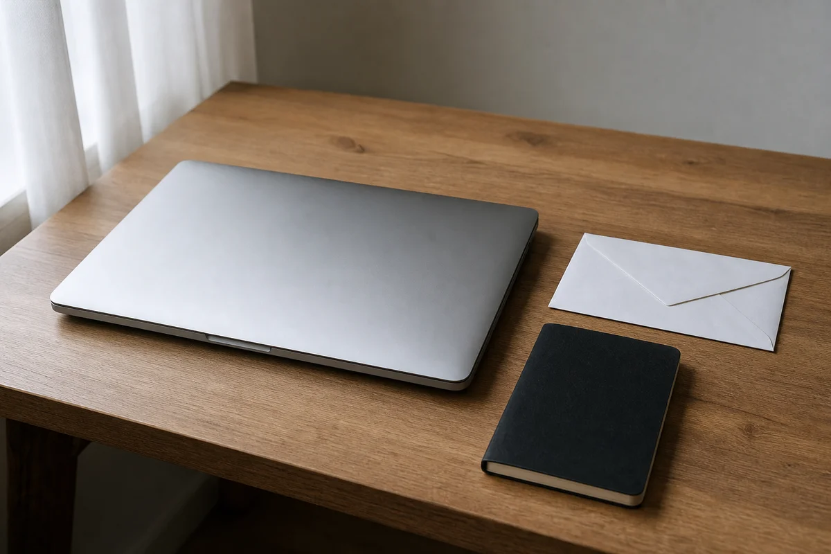 Leave everything as found A quiet home desk with an old laptop, paper notes and a small hardware device, left untouched