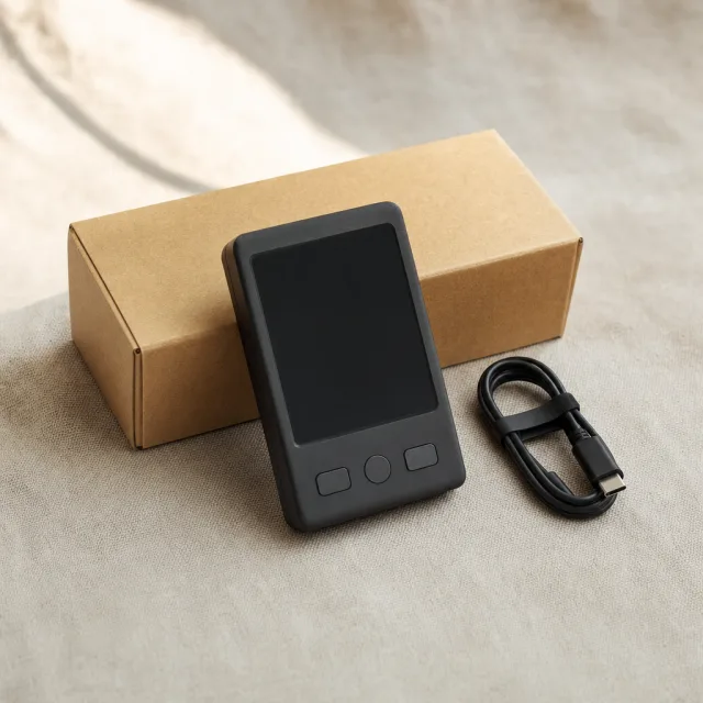 A hardware wallet next to its box and USB cable on a linen surface