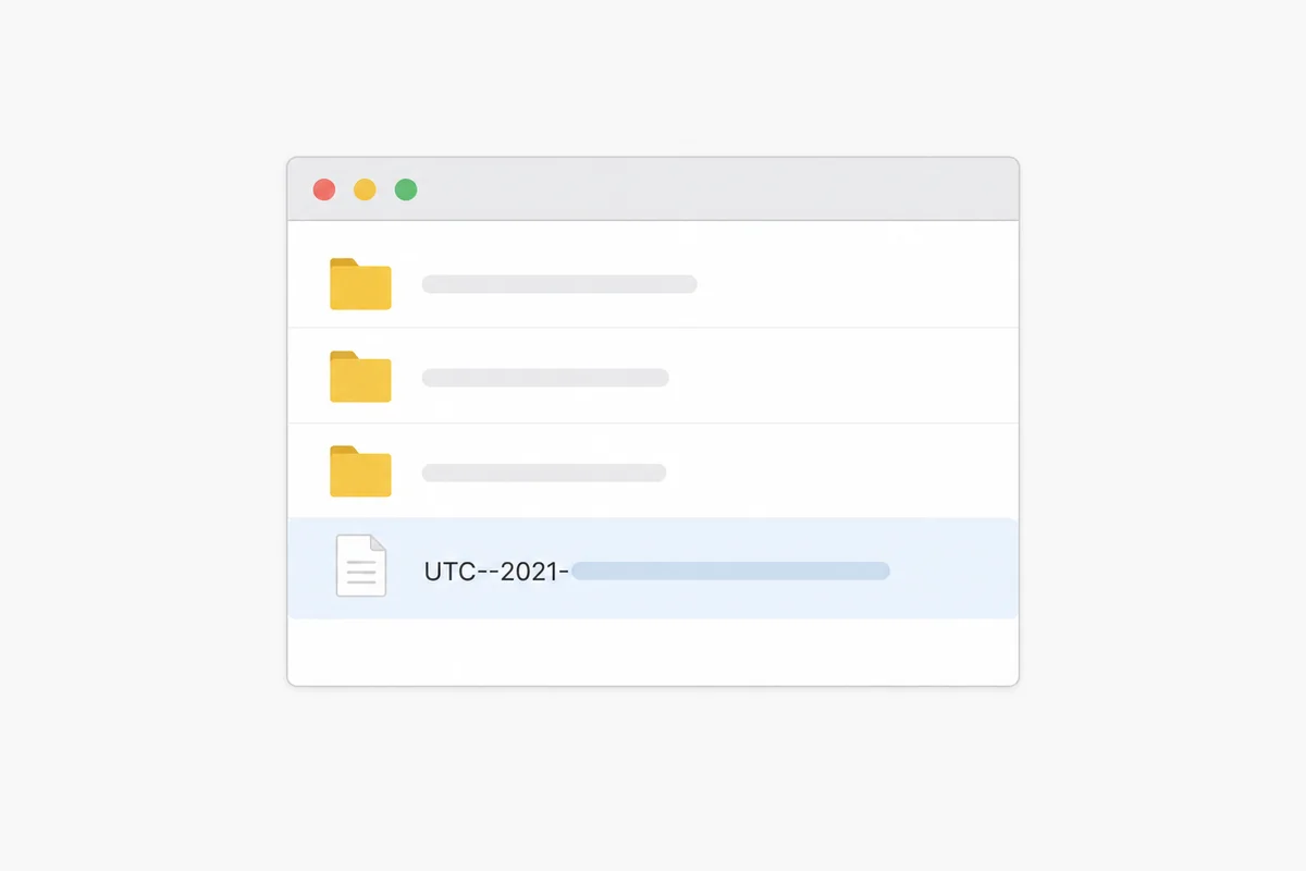 A file-manager view showing a UTC-- keystore file, an encrypted Ethereum key file