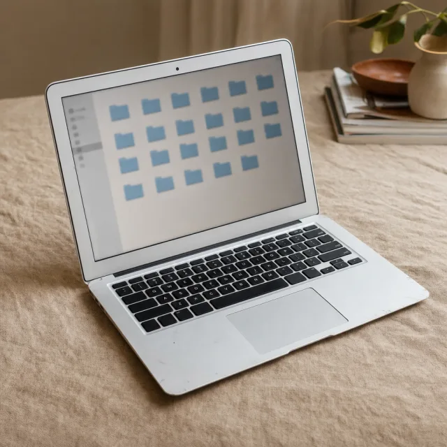 An older laptop with a worn aluminum body on a linen surface