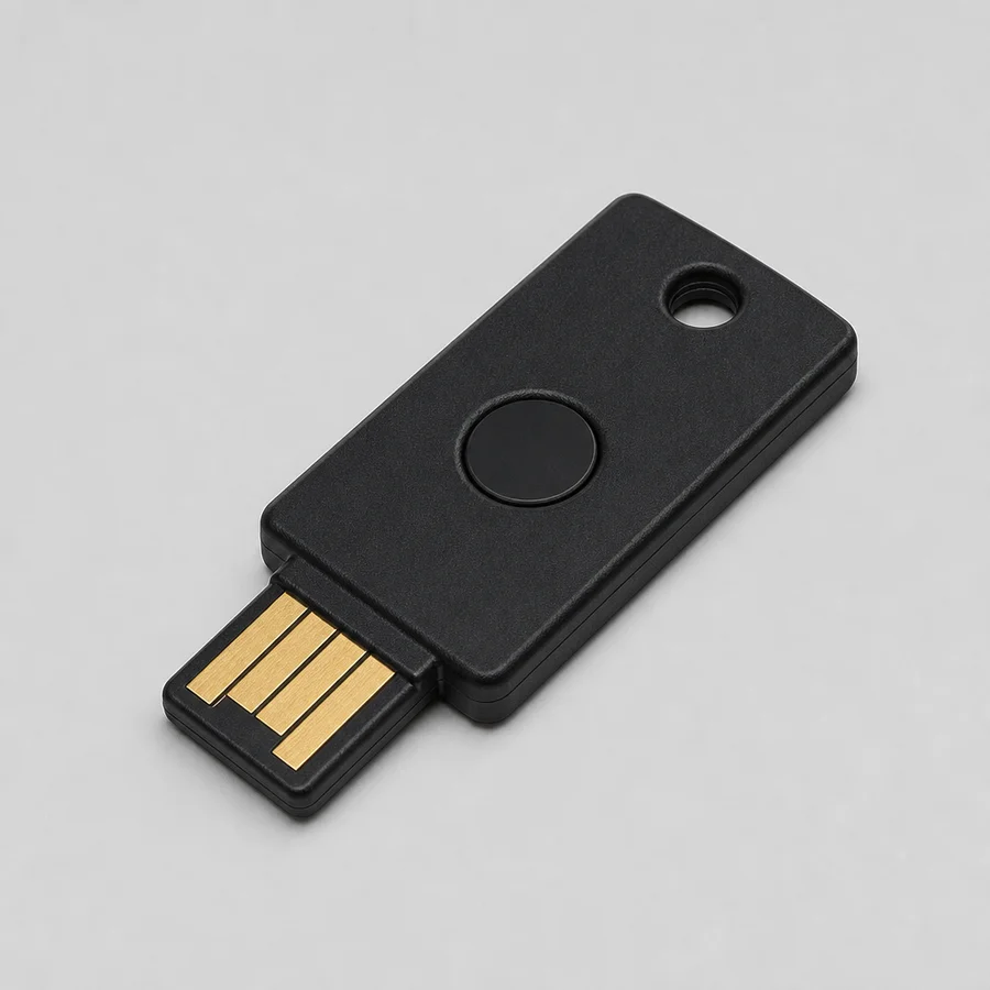A hardware security key (a small USB key with a button), a common second-factor device